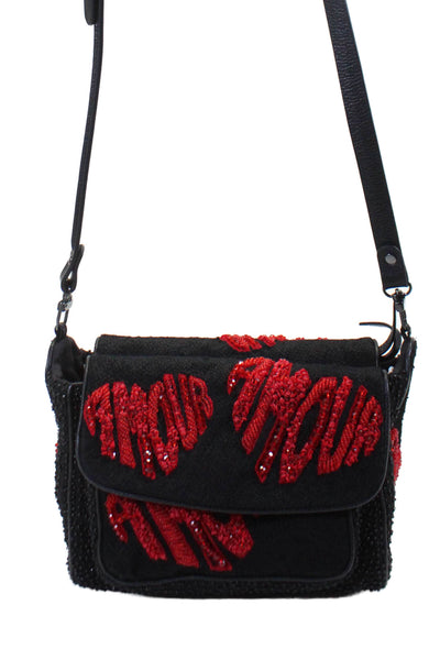 Jamin Puech Womens Beaded Multi-Compartment Adjustable Shoulder Bag Purse Black