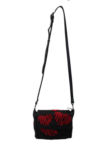 Jamin Puech Womens Beaded Multi-Compartment Adjustable Shoulder Bag Purse Black
