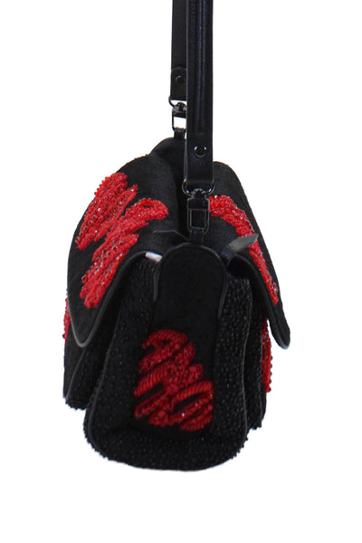 Jamin Puech Womens Beaded Multi-Compartment Adjustable Shoulder Bag Purse Black
