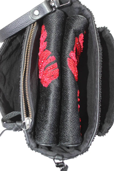 Jamin Puech Womens Beaded Multi-Compartment Adjustable Shoulder Bag Purse Black