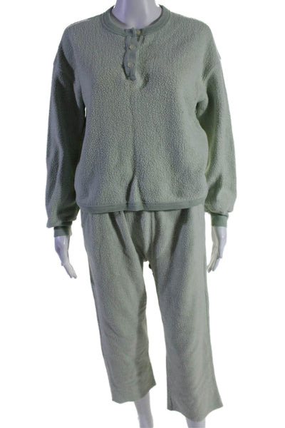 The Great Womens Cotton Long Sleeve Buttoned Round Neck Fleece Set Green Size 0