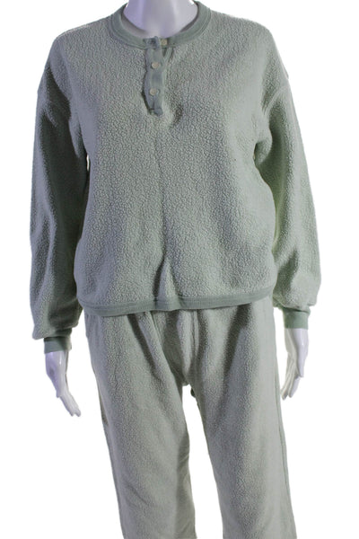 The Great Womens Cotton Long Sleeve Buttoned Round Neck Fleece Set Green Size 0