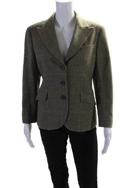 Brooks Brothers Womens Plaid Button Down Blazer Jacket Brown Wool Size 8 Petite