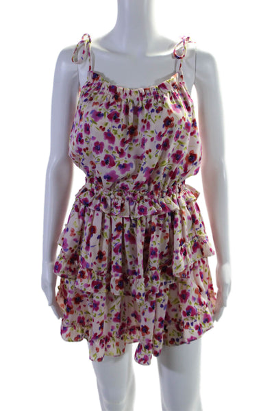 Misa Womens Textured Spaghetti Strap Tiered Floral Print Short Dress Pink Size X