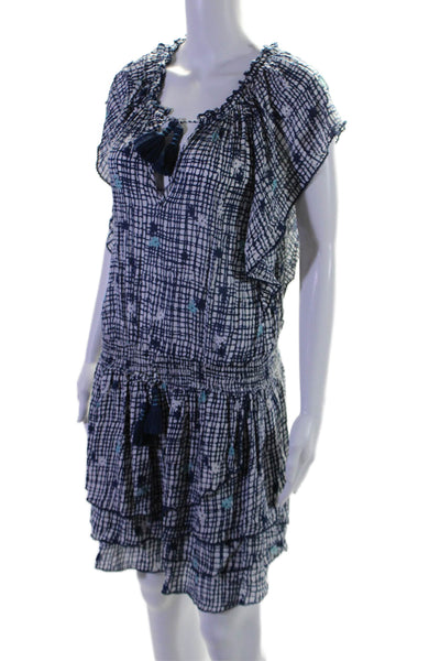 Poupette St. Barth Womens Short Sleeve V-neck Tier Printed Dress Blue Size S