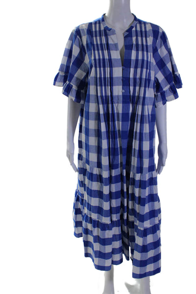 Whit Two Womens Cotton Short Ruffle Sleeve Checkered Print Tier Dress Blue Size