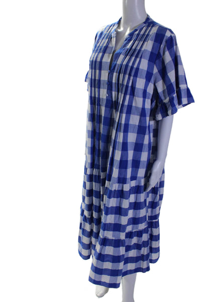 Whit Two Womens Cotton Short Ruffle Sleeve Checkered Print Tier Dress Blue Size