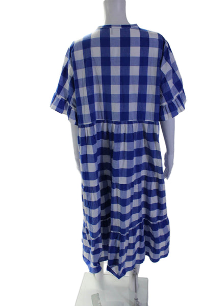 Whit Two Womens Cotton Short Ruffle Sleeve Checkered Print Tier Dress Blue Size