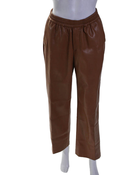 Elie Tahari Womens Leather Elastic Waisted Wide Leg Pants Brown Size XS