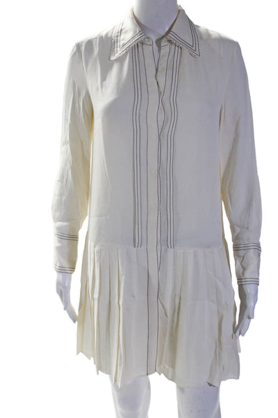 Rebecca Taylor Silk Stitch Detailed Laced Hem Hidden Button Dress White Size XS