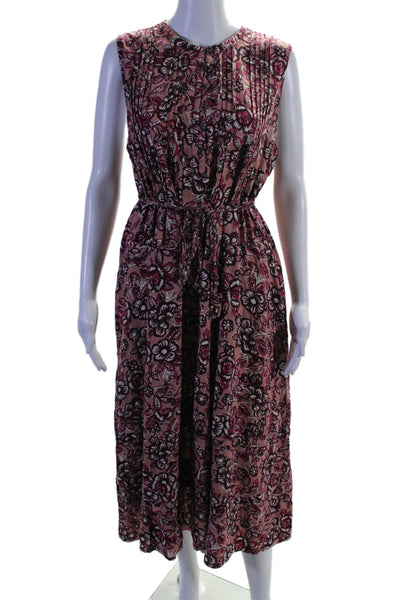 Faherty Womens Linen Pleated Floral Sleeveless Tie waist Shift Dress Pink Size L