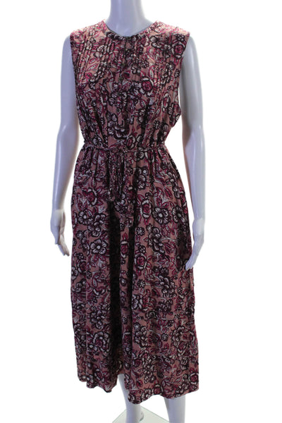 Faherty Womens Linen Pleated Floral Sleeveless Tie waist Shift Dress Pink Size L