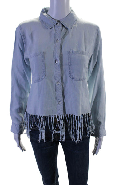 Rails Womens Fringe Trim Collared Long Sleeve Button Up Blouse Top Blue Size XS