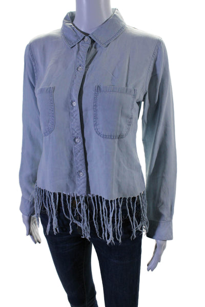 Rails Womens Fringe Trim Collared Long Sleeve Button Up Blouse Top Blue Size XS