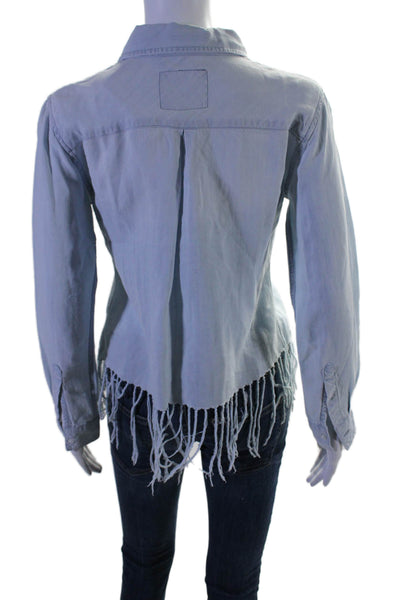 Rails Womens Fringe Trim Collared Long Sleeve Button Up Blouse Top Blue Size XS