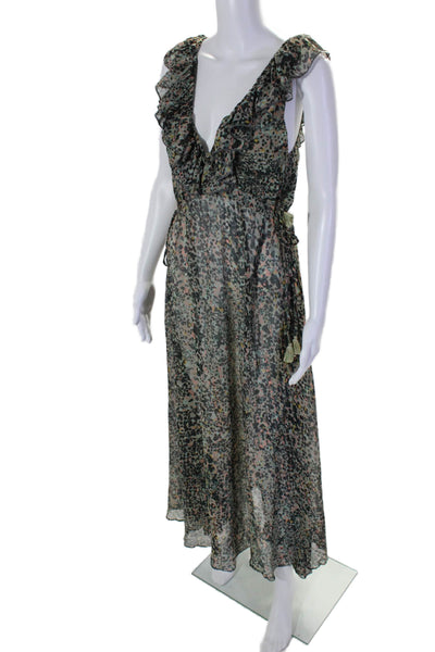 Pop Saint Barth Womens V Neck Ruffle Trim Spotted Print Maxi Dress Green Size S