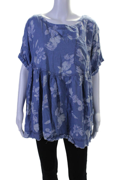 We The Free Womens Linen Short Sleeve Graphic Print Flowy Blouse Blue Size L