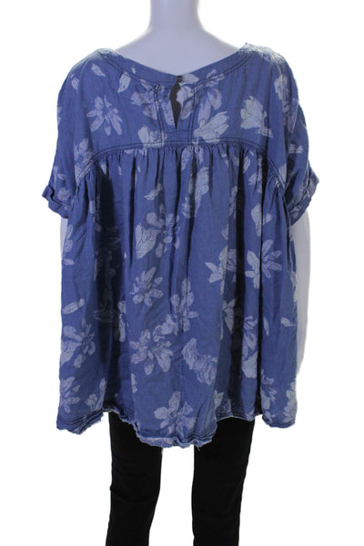 We The Free Womens Linen Short Sleeve Graphic Print Flowy Blouse Blue Size L