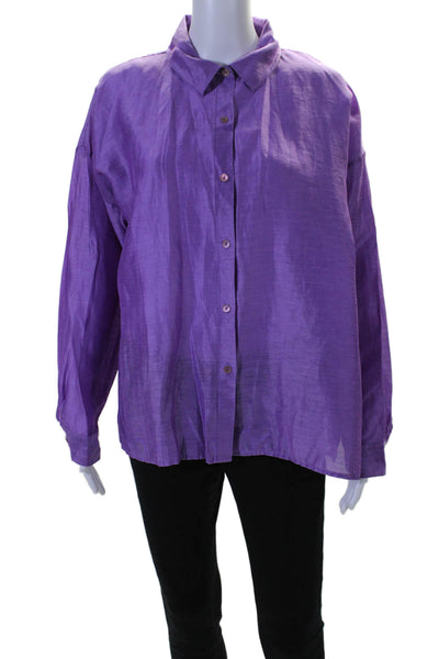 Eileen Fisher Womens Linen Collared Button Up Shiny Blouse Purple Size M