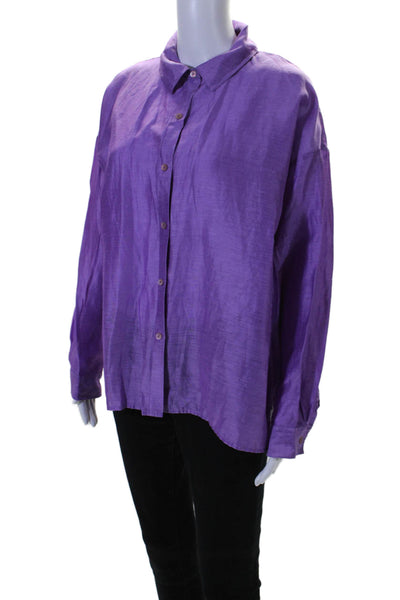 Eileen Fisher Womens Linen Collared Button Up Shiny Blouse Purple Size M