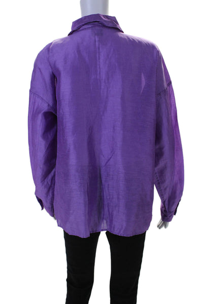 Eileen Fisher Womens Linen Collared Button Up Shiny Blouse Purple Size M