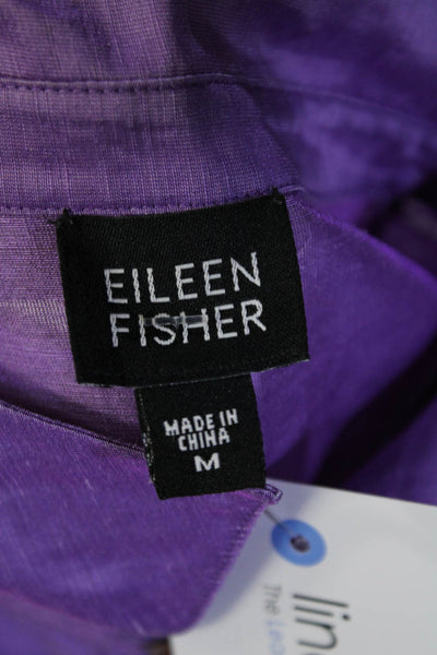 Eileen Fisher Womens Linen Collared Button Up Shiny Blouse Purple Size M