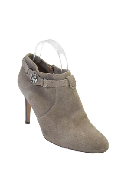 Coach Womens Suede Round Toe Medallion Buckled Stiletto Booties Beige Size 7.5