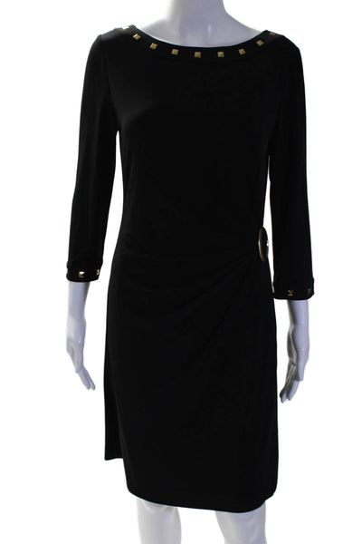 Tahari Womens Black Studded Drape Detail Boat Neck Long Sleeve Dress Size 6