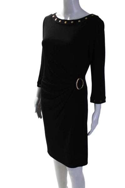 Tahari Womens Black Studded Drape Detail Boat Neck Long Sleeve Dress Size 6