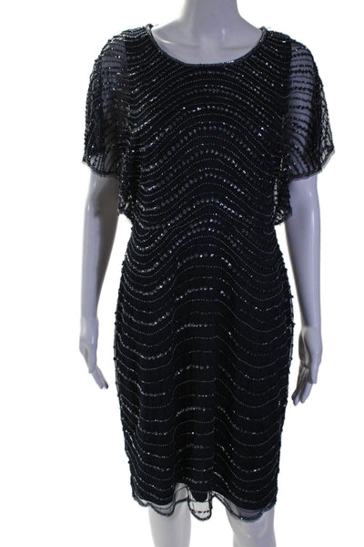 Adrianna Papell Womens Navy Sequins Detail Scoop Neck Short Sleeve Dress Size 8