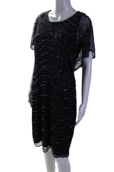 Adrianna Papell Womens Navy Sequins Detail Scoop Neck Short Sleeve Dress Size 8