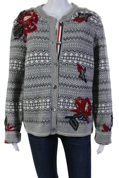 Thom Browne Womens Embroidered Cardigan Sweater Gray White Wool Size EUR 42