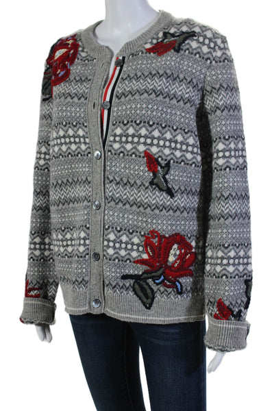 Thom Browne Womens Embroidered Cardigan Sweater Gray White Wool Size EUR 42