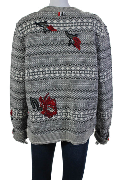 Thom Browne Womens Embroidered Cardigan Sweater Gray White Wool Size EUR 42