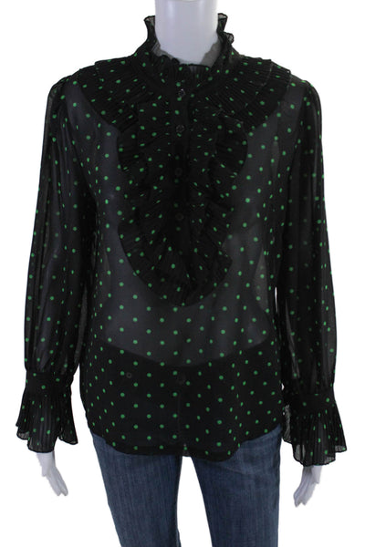 Nina Kendosa Womens Button Front Ruffled Polka Dot Top Black Green Size Small