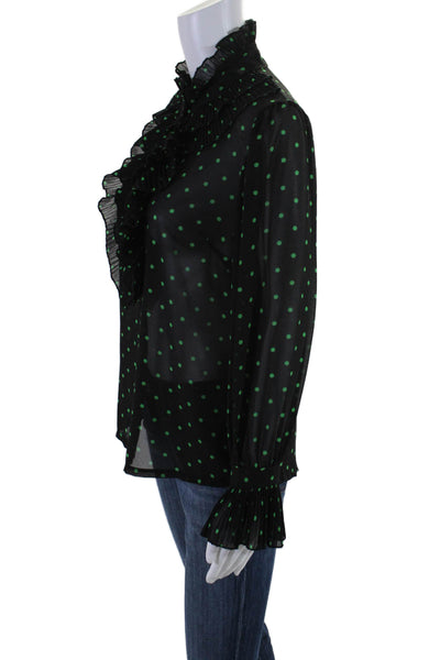 Nina Kendosa Womens Button Front Ruffled Polka Dot Top Black Green Size Small