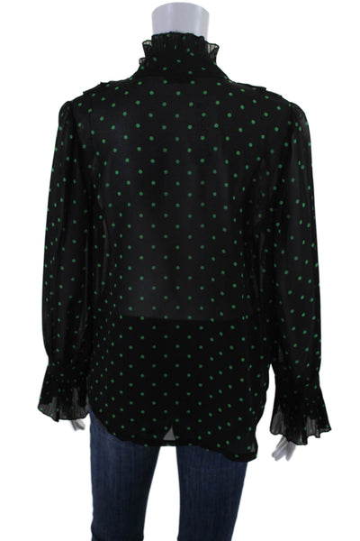 Nina Kendosa Womens Button Front Ruffled Polka Dot Top Black Green Size Small