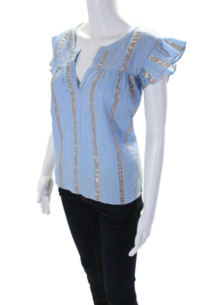 Roller Rabbit Womens Cotton Short Sleeve V-neck Sparkly Blouse Blue Size L