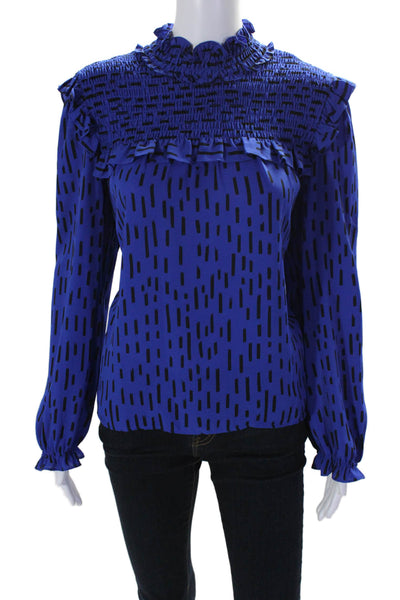 Rebecca Minkoff Womens Textured Long Sleeve Printed Sleek Blouse Blue Size L