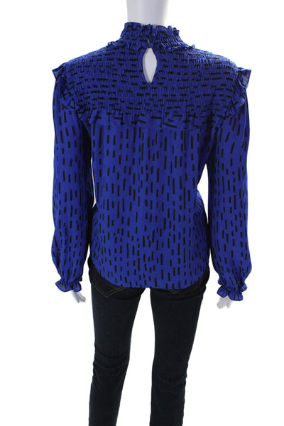 Rebecca Minkoff Womens Textured Long Sleeve Printed Sleek Blouse Blue Size L