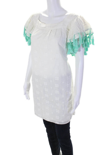 STS Womens Cotton Short Sleeve Tassel Fray Embroidered Blouse White Size L