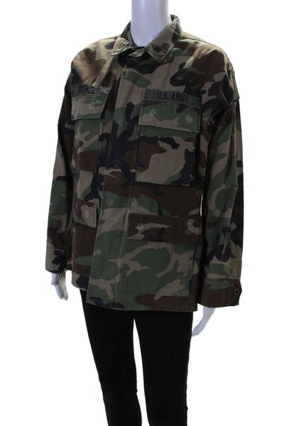 King Womebns Camouflage Print Button Down Cargo Jacket Green Brown Size Medium