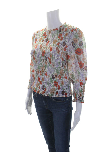 Veronica Beard Womens Floral Print Ruched Round Neck Blouse White Size 2