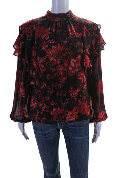 Vince Camuto Womens Mock Neck Long Sleeve Floral Ruffle Blouse Black Red Size XS