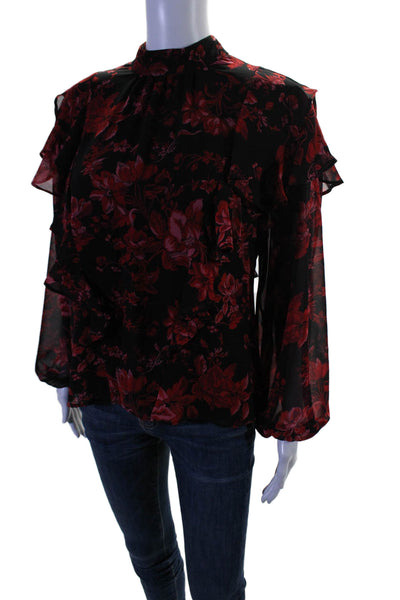 Vince Camuto Womens Mock Neck Long Sleeve Floral Ruffle Blouse Black Red Size XS