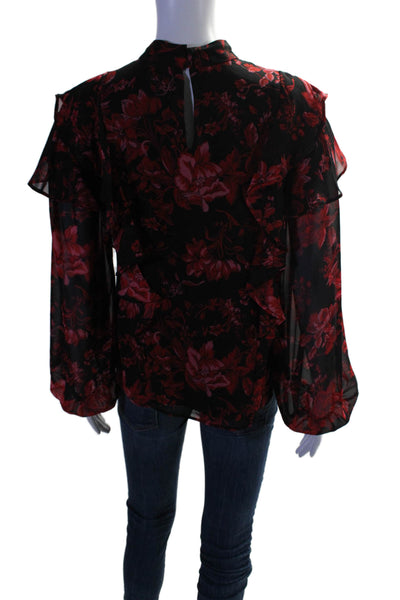 Vince Camuto Womens Mock Neck Long Sleeve Floral Ruffle Blouse Black Red Size XS