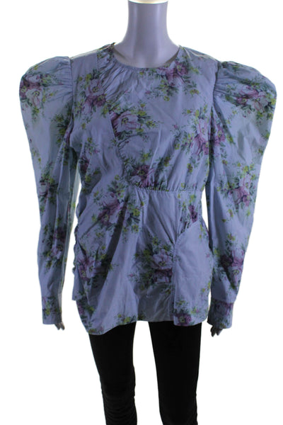 Ganni Womens Cotton Floral Patterned Puff Sleeved Back Zip Blouse Blue Size 44