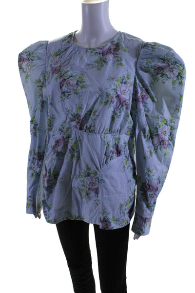 Ganni Womens Cotton Floral Patterned Puff Sleeved Back Zip Blouse Blue Size 44