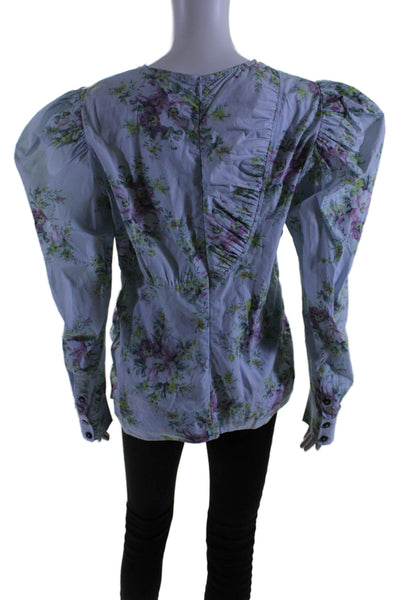 Ganni Womens Cotton Floral Patterned Puff Sleeved Back Zip Blouse Blue Size 44