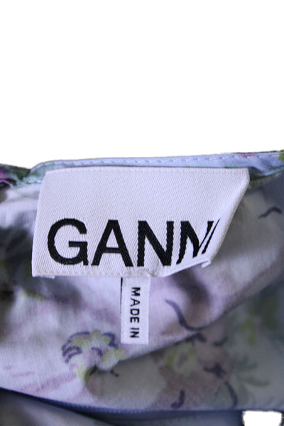 Ganni Womens Cotton Floral Patterned Puff Sleeved Back Zip Blouse Blue Size 44